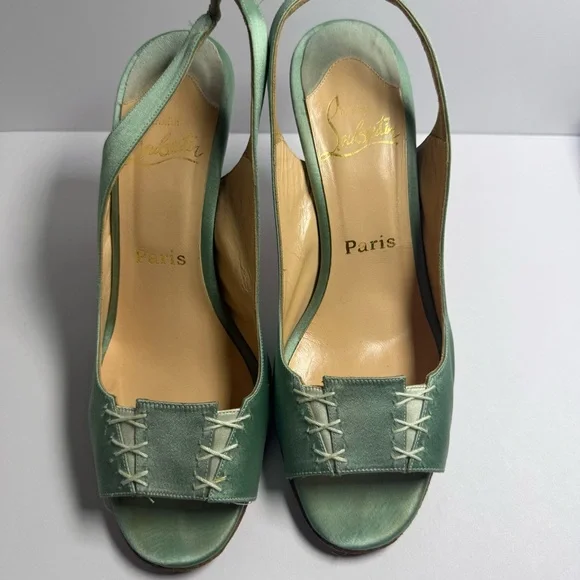 Christian Louboutin Red Bottom Teal Satin Slingback Peep Toe Heels Size 37.5 - Picture 3 of 11